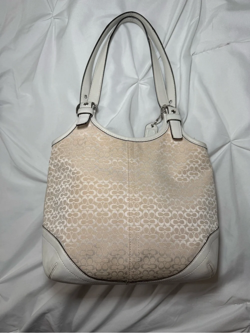 Coach Signature Shoulder Bag in Beige and White